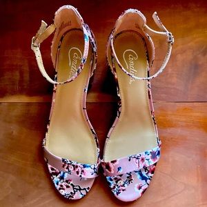 Candies Pink Silk Satin Floral Block Heels
